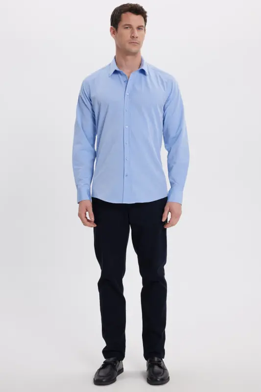 Erkek Modern Fit Dar Kesim Pamuklu Kolay Ütü Armürlü Mavi Gömlek-Mavi1 - 4