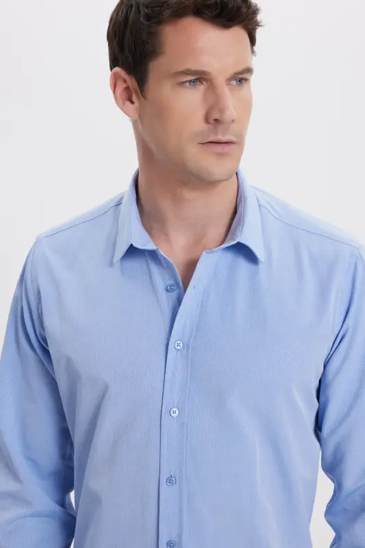 Erkek Modern Fit Dar Kesim Pamuklu Kolay Ütü Armürlü Mavi Gömlek-Mavi1 - 2