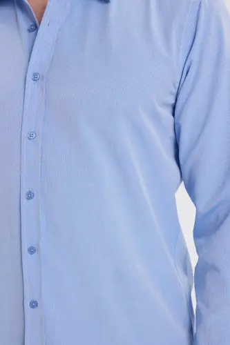 Erkek Modern Fit Dar Kesim Pamuklu Kolay Ütü Armürlü Mavi Gömlek-Mavi1 - 3