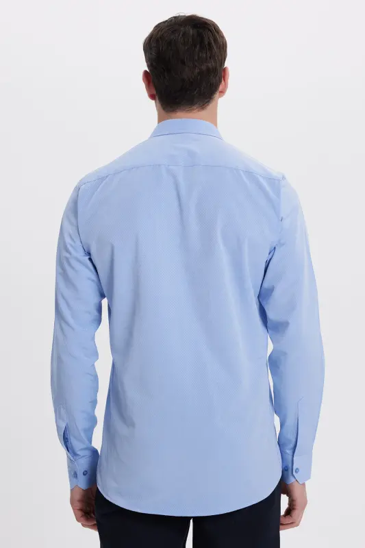 Erkek Modern Fit Dar Kesim Pamuklu Kolay Ütü Armürlü Mavi Gömlek-Mavi1 - 7