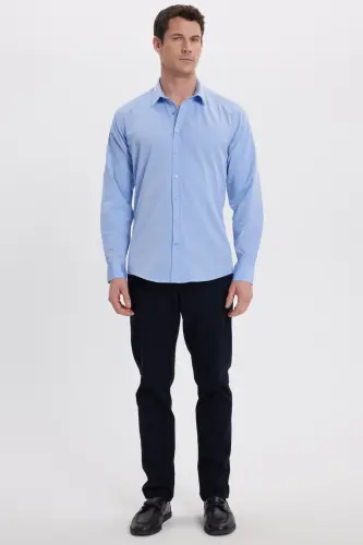 Erkek Modern Fit Dar Kesim Pamuklu Kolay Ütü Armürlü Mavi Gömlek-Mavi1 - 4