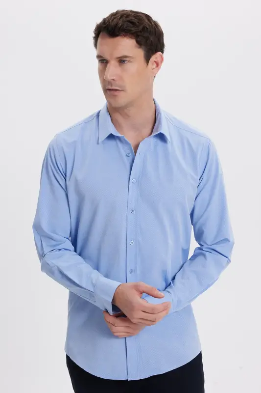 Erkek Modern Fit Dar Kesim Pamuklu Kolay Ütü Armürlü Mavi Gömlek-Mavi1 - 5