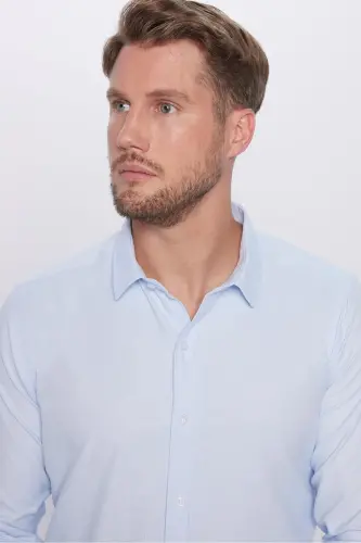 Erkek Modern Fit Dar Kesim Pamuklu Kolay Ütü Armürlü Mavi Gömlek-Mavi1 - 3