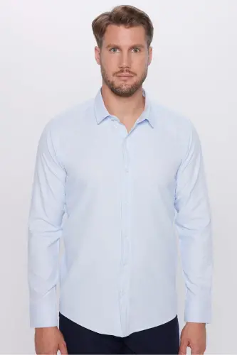 Erkek Modern Fit Dar Kesim Pamuklu Kolay Ütü Armürlü Mavi Gömlek-Mavi1 - 2