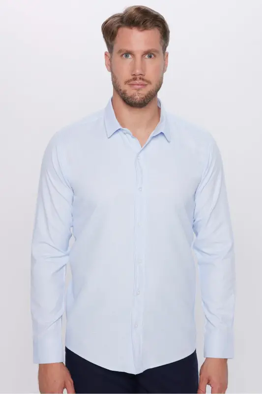 Erkek Modern Fit Dar Kesim Pamuklu Kolay Ütü Armürlü Mavi Gömlek-Mavi1 - 2
