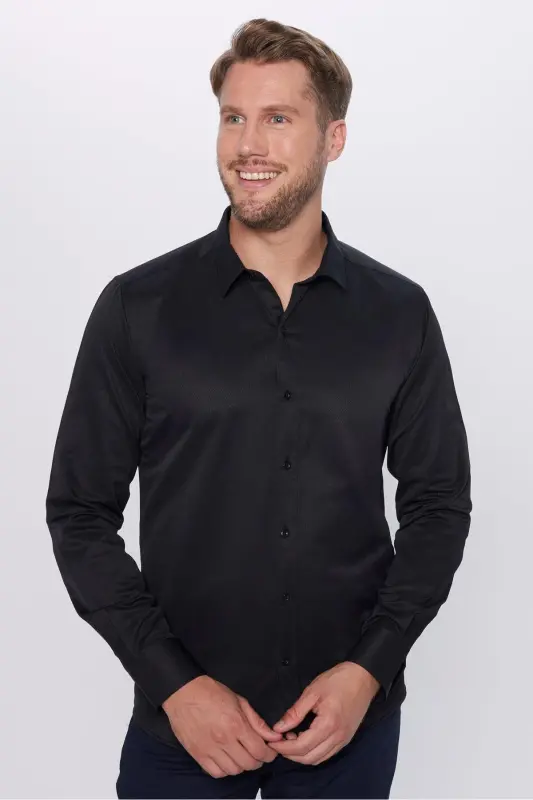 Erkek Modern Fit Dar Kesim Pamuklu Kolay Ütü Armürlü Siyah Gömlek-Siyah - 1