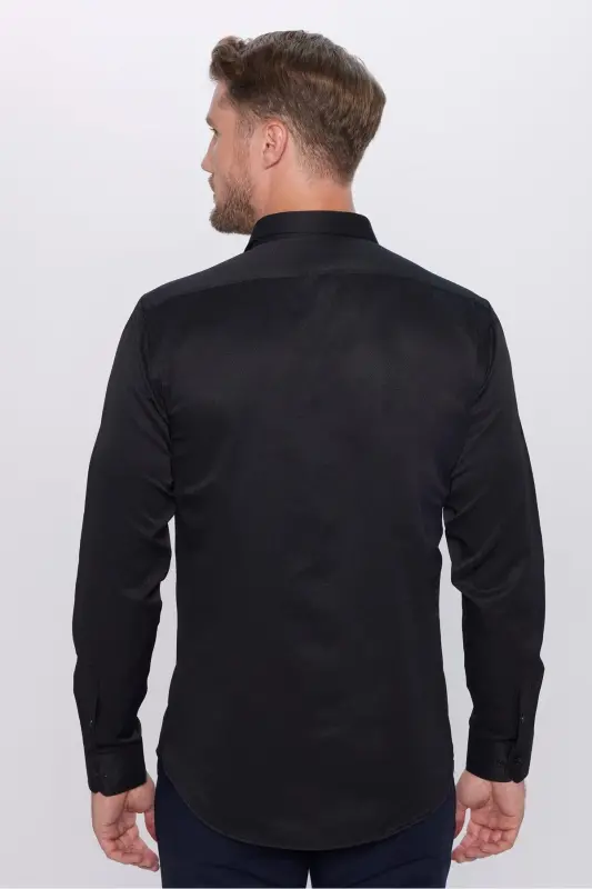 Erkek Modern Fit Dar Kesim Pamuklu Kolay Ütü Armürlü Siyah Gömlek-Siyah - 5