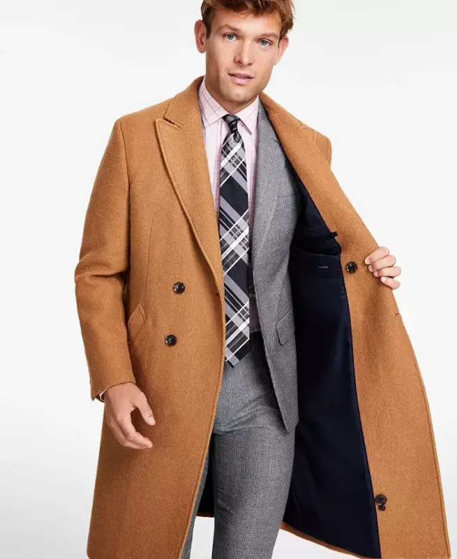 Men's Modern-Fit Solid Double-Breasted Overcoat - Camel - 4