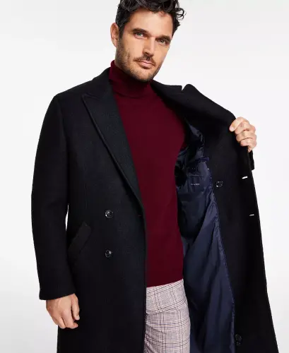 Men's Modern-Fit Solid Double-Breasted Overcoat - Black - 4