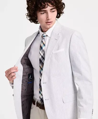 Men's Modern-Fit Seersucker Blazer - Grey Stripe - 3