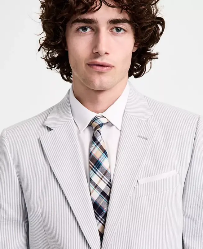 Men's Modern-Fit Seersucker Blazer - Grey Stripe - 4