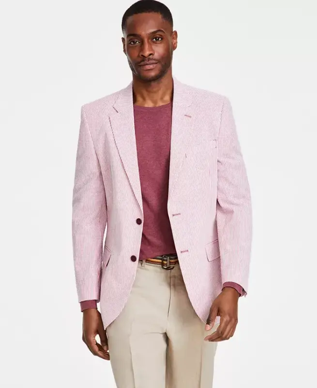 Men's Modern-Fit Seersucker Blazer - Red - 1