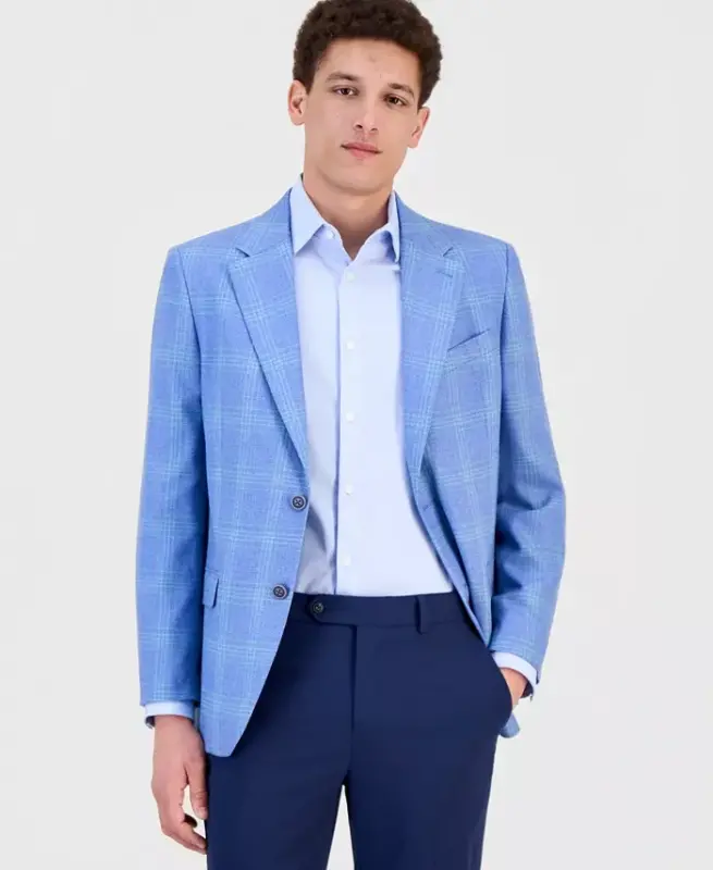 Erkek Modern Kesim Spor Ceket - Açık Mavi Ekose - NAUTICA