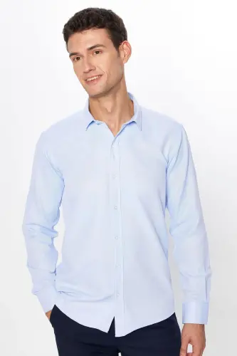 Modern Slim Fit Pamuklu Kolay Ütü Armürlü Erkek Gömlek-Mavi2 