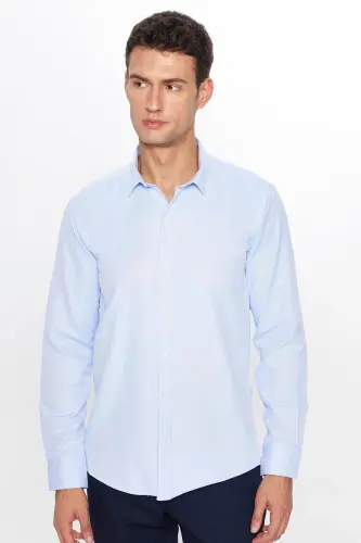 Modern Slim Fit Pamuklu Kolay Ütü Armürlü Erkek Gömlek - Mavi2 - 2