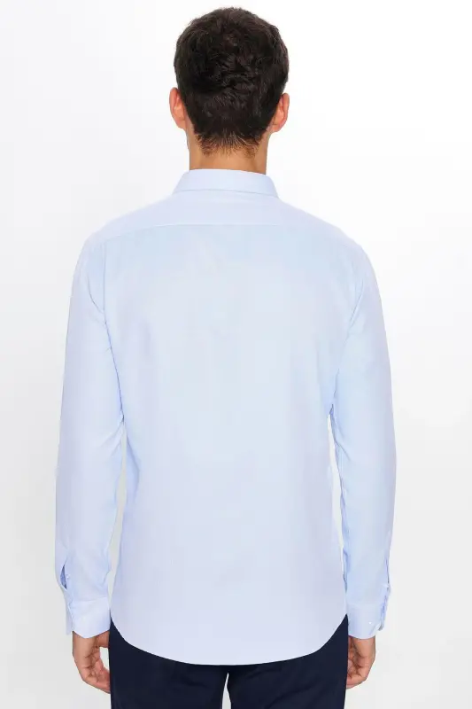 Modern Slim Fit Pamuklu Kolay Ütü Armürlü Erkek Gömlek - Mavi2 - 5