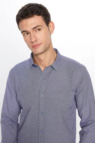 Modern Slim Fit Pamuklu Kolay Ütü Armürlü Erkek Gömlek - Mavi3 - 3
