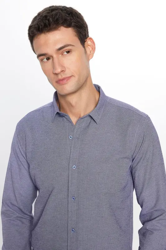 Modern Slim Fit Pamuklu Kolay Ütü Armürlü Erkek Gömlek - Mavi3 - 3