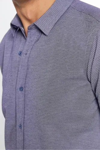 Modern Slim Fit Pamuklu Kolay Ütü Armürlü Erkek Gömlek - Mavi3 - 4
