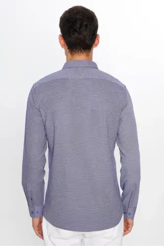 Modern Slim Fit Pamuklu Kolay Ütü Armürlü Erkek Gömlek - Mavi3 - 5