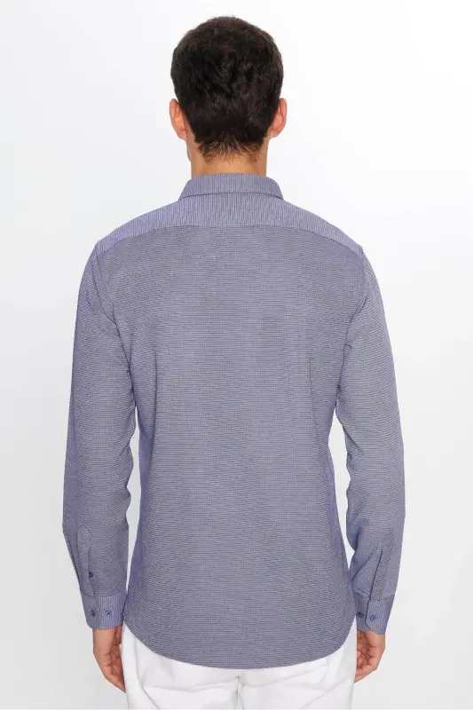 Modern Slim Fit Pamuklu Kolay Ütü Armürlü Erkek Gömlek - Mavi3 - 5