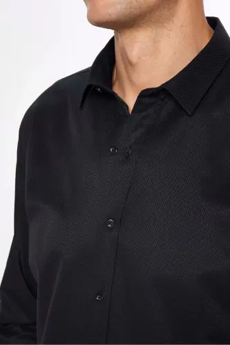 Erkek Modern Slim Fit Dar Kesim Uzun Kollu Pamuklu Kolay Ütü Armürlü Siyah Gömlek - Siyah1 - 4
