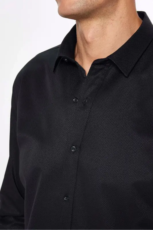 Erkek Modern Slim Fit Dar Kesim Uzun Kollu Pamuklu Kolay Ütü Armürlü Siyah Gömlek - Siyah1 - 4