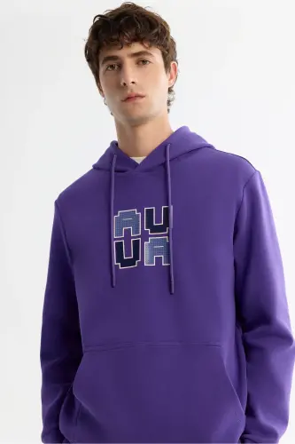 Erkek Mor Kapüşonlu Pamuklu Baskılı Elastan Regular Fit Sweatshirt A42Y1324 - Mor - 2