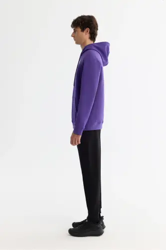 Erkek Mor Kapüşonlu Pamuklu Baskılı Elastan Regular Fit Sweatshirt A42Y1324 - Mor - 3