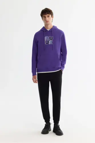 Erkek Mor Kapüşonlu Pamuklu Baskılı Elastan Regular Fit Sweatshirt A42Y1324 - Mor - 5