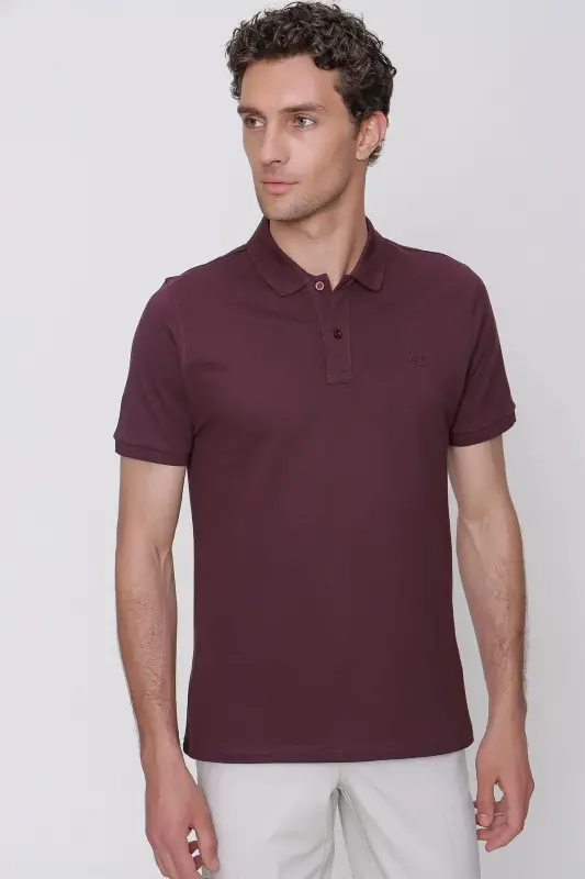 Erkek Mürdüm Basic Düz %100 Pamuk Slim Fit Dar Kesim Kısa Kollu Polo Yaka Tişört - 2