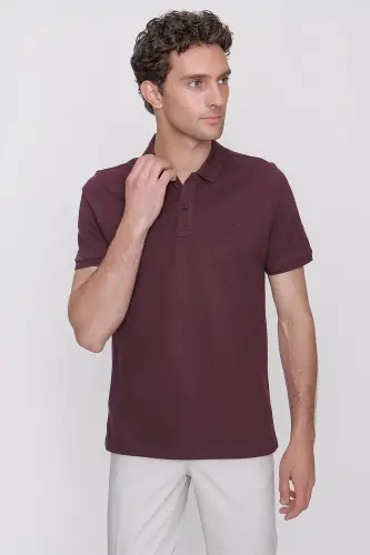 Erkek Mürdüm Basic Düz %100 Pamuk Slim Fit Dar Kesim Kısa Kollu Polo Yaka Tişört - 3