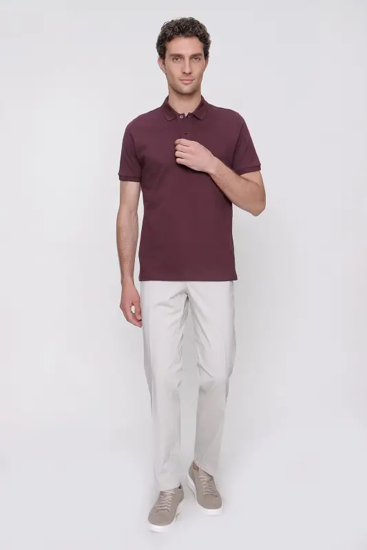 Erkek Mürdüm Basic Düz %100 Pamuk Slim Fit Dar Kesim Kısa Kollu Polo Yaka Tişört - 5
