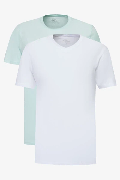 Erkek MINT-BEYAZ 2'li Paket Slim Fit Dar Kesim Pamuklu Basic Tişört-Yeşil - AC&CO / ALTINYILDIZ CLASSICS