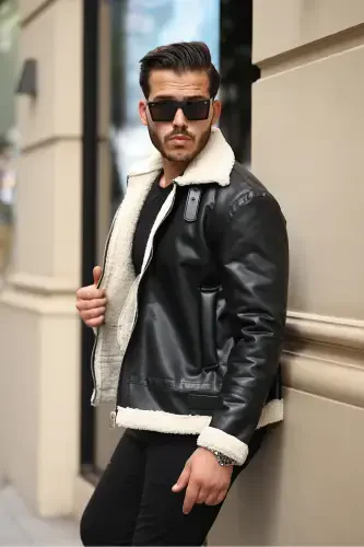 Erkek Napa Deri Içi Full Kürklü Slim Fit Mont & Ceket-BEYAZ - 4