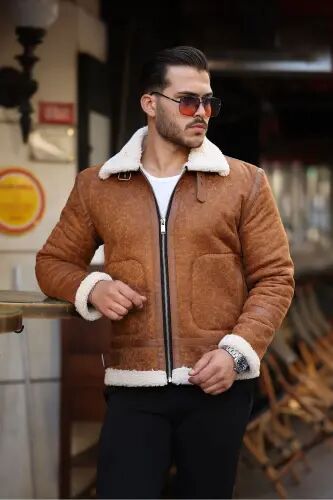 Erkek Napa Deri Içi Full Kürklü Yüksek Kalite Slim Fit Taba Mont & Ceket - TABA - 1
