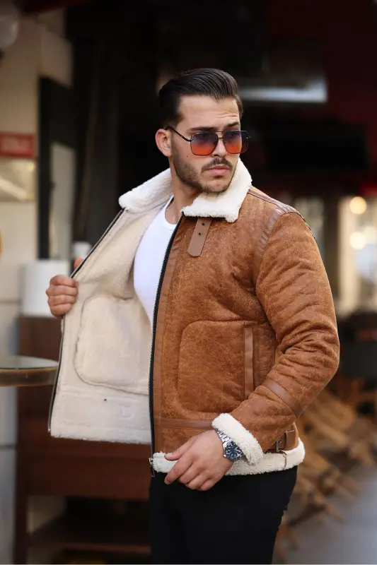 Erkek Napa Deri Içi Full Kürklü Yüksek Kalite Slim Fit Taba Mont & Ceket - TABA - 3