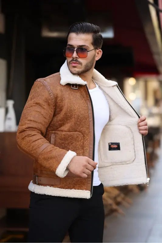Erkek Napa Deri Içi Full Kürklü Yüksek Kalite Slim Fit Taba Mont & Ceket - TABA - 4