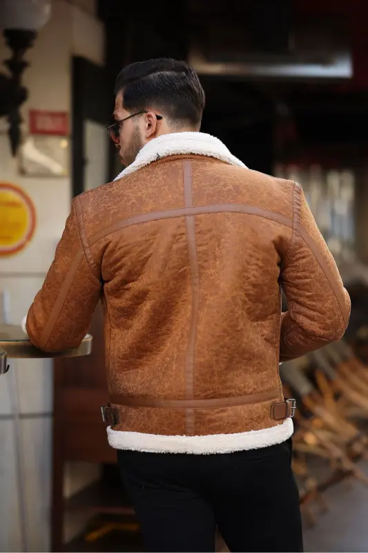 Erkek Napa Deri Içi Full Kürklü Yüksek Kalite Slim Fit Taba Mont & Ceket - TABA - 5