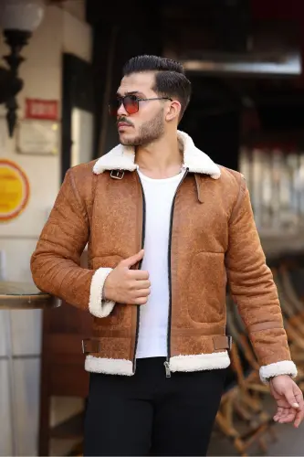 Erkek Napa Deri Içi Full Kürklü Yüksek Kalite Slim Fit Taba Mont & Ceket - TABA - Mero Life (1)