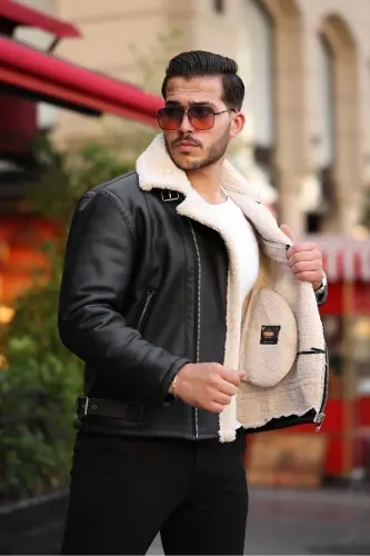 Erkek Napa Deri Çapraz Fermuarlı Içi Full Kürklü Yüksek Kalite Slim Fit Siyah-krem Mont & Ceket - SİYAH-KREM - 5