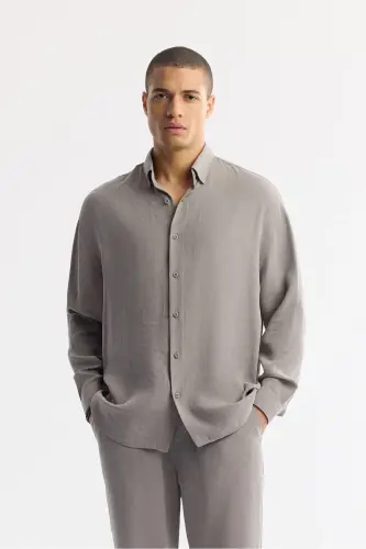 Erkek Nardo Gri Alttan Britli Yaka Soft Touch Oversize Fit Gömlek A51Y2168 - Nardo Gri 