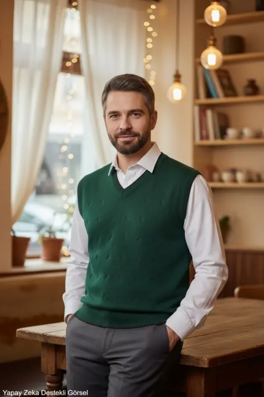 Erkek Nefti Tüylenme Yapmayan Anti Pilling Kumaş Standart Fit Normal Kesim V Yaka Triko Süveter - Nefti - 1