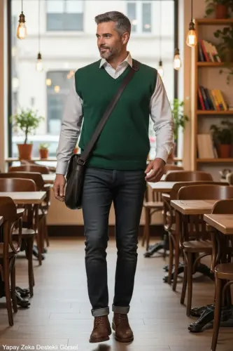 Erkek Nefti Tüylenme Yapmayan Anti Pilling Kumaş Standart Fit Normal Kesim V Yaka Triko Süveter - Nefti - 5