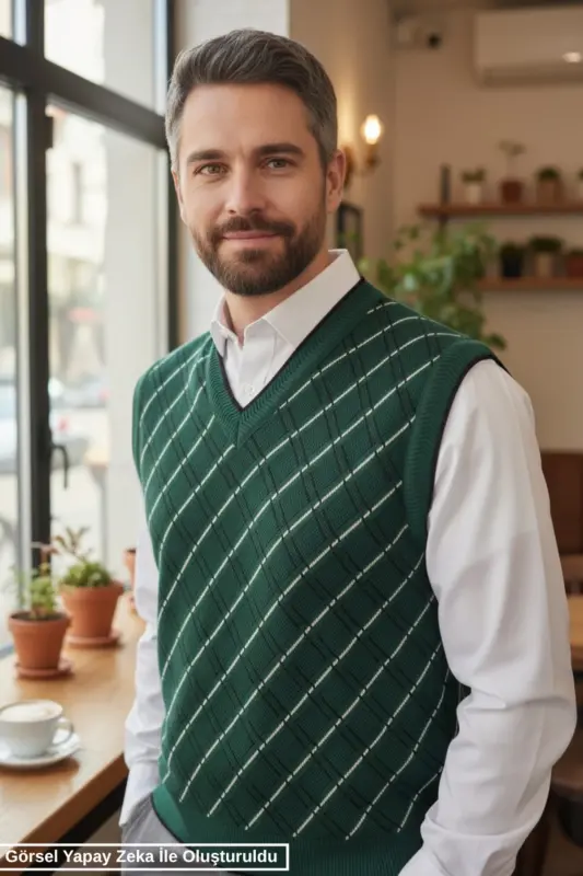 Erkek Nefti Tüylenme Yapmayan Anti Pilling Kumaş Standart Fit Normal Kesim V Yaka Triko Süveter - Nefti - 2