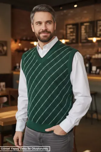 Erkek Nefti Tüylenme Yapmayan Anti Pilling Kumaş Standart Fit Normal Kesim V Yaka Triko Süveter - Nefti - 4