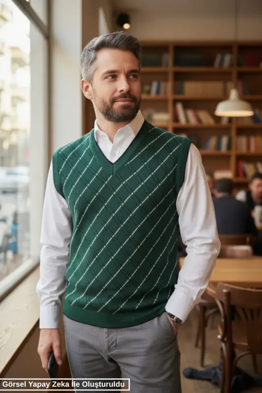 Erkek Nefti Tüylenme Yapmayan Anti Pilling Kumaş Standart Fit Normal Kesim V Yaka Triko Süveter - Nefti - 6