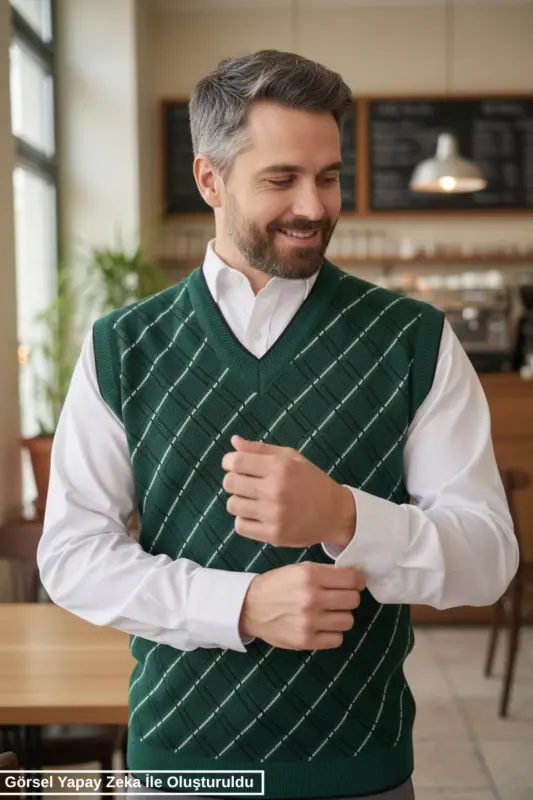 Erkek Nefti Tüylenme Yapmayan Anti Pilling Kumaş Standart Fit Normal Kesim V Yaka Triko Süveter - Nefti - 7