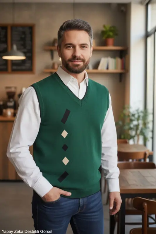 Erkek Nefti Tüylenme Yapmayan Anti-pilling Standart Fit Normal Kesim V Yaka Triko Süveter - Nefti - 1