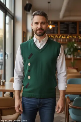 Erkek Nefti Tüylenme Yapmayan Anti-pilling Standart Fit Normal Kesim V Yaka Triko Süveter - Nefti - 3